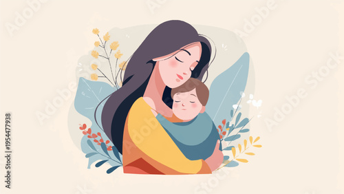 Vector illustration of mother holding baby in sling, surrounded by flowers