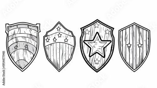 Four different shields with star and stripe patterns on a white background