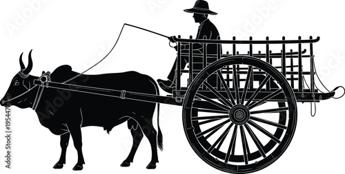 PrintSilhouette traditional ox cart with driver, rural transport, agriculture concept, historical lifestyle, farming village vector illustration