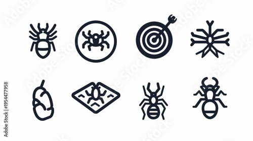 A graphic of eight various icons including bugs, targeting art, and seed pods