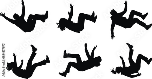 Silhouette set of falling people in different poses, men and women falling or jumping, black human figures isolated, accident, danger, motion concept illustration