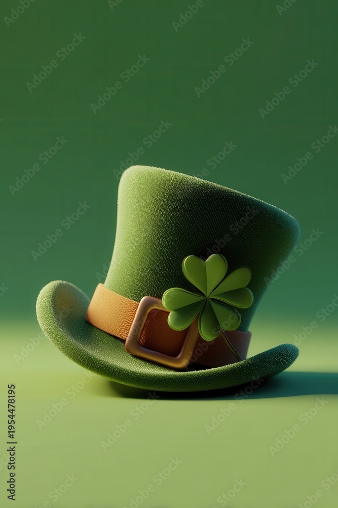 Obraz premium Green leprechaun hat with four-leaf clover and buckle for St. Patrick's Day celebration