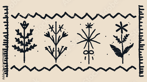 Floral rug illustration in black ink on a tan background, with geometric borders