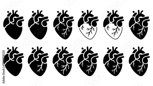 A series of black and white heart illustrations showing varying degrees of detail
