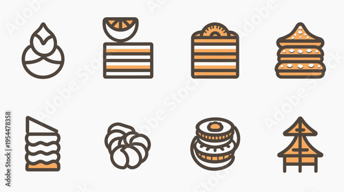 Line art icons depicting various desserts and sweets, two-toned with orange and brown