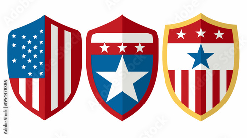 Three stylized patriotic shields with stripes and stars, red, white, blue and gold