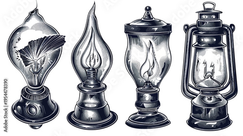 Four vintage-style monochrome lamps of various designs sit side-by-side on a white background