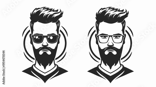 Two stylized portraits of bearded men, one with sunglasses, one with square glasses