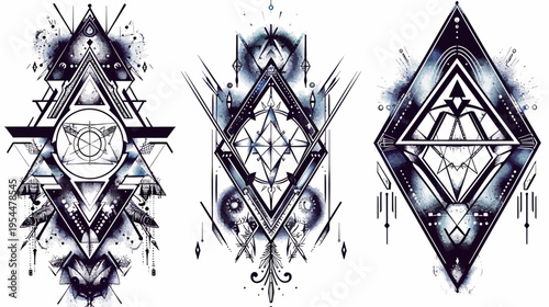 Three stylized diamond-shaped geometric patterns with abstract and illustrative elements