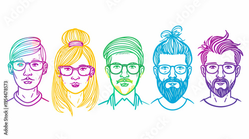Colorful sketchy illustration of five people in glasses, various hairstyles, and facial hair