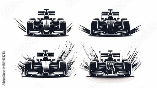 Four stylized, black and white renderings of race cars, two with speed/impact effect