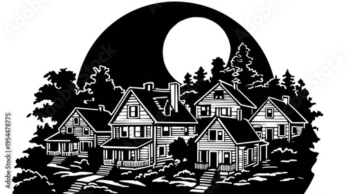 B/W silhouette of houses nestled among trees under a large, bright moon