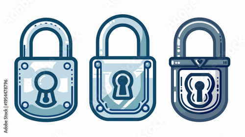 Three stylized padlocks in blue and white with varying designs on a solid white backdrop