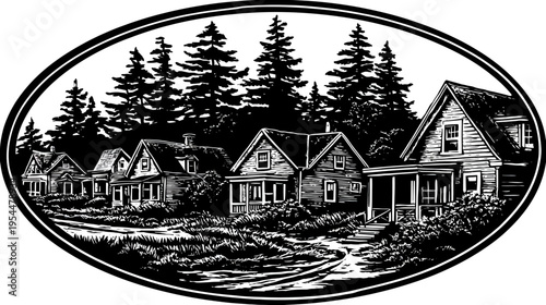 Monochrome woodcut style illustration of suburban homes and trees in an oval frame