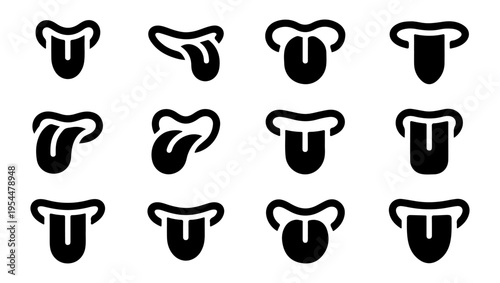 A collection of black and white abstract tongue icons in various shapes