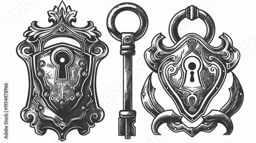 Illustrated lockets and key, in watercolor style