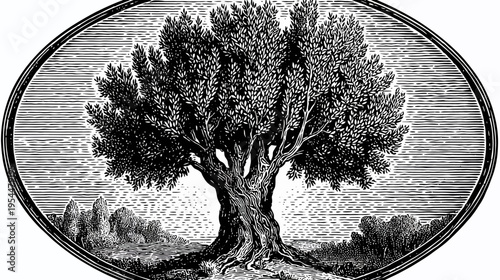 Intricate, black and white engraving of a large tree inside an oval border