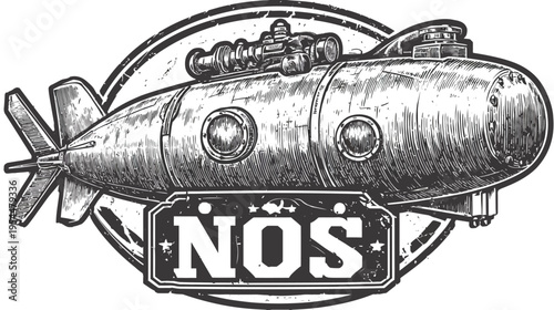 Grungy vector drawing of a stylized submarine with the word "NOS" below