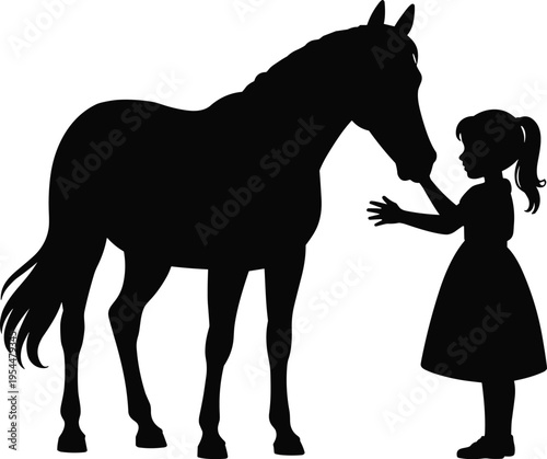Little girl and horse silhouette isolated on white background, child petting pony illustration, human animal friendship concept, black equestrian vector design
