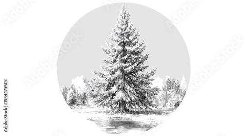 Winter tree illustration.
Description A sketched evergreen tree covered in snow set against a gray circle background