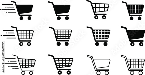 Shopping cart icon collection, black and white ecommerce symbols, fast delivery trolley silhouettes, retail store market elements, purchase icons.