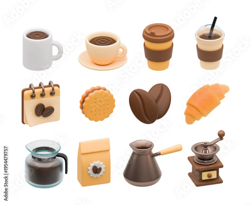 3D realistic coffee icon. Vector espresso cup, cappuccino mug, beans, gringer, cookie and croissant, turk and flask for making coffee. Coffee shop, preparing drink concept. Take away plastic cup