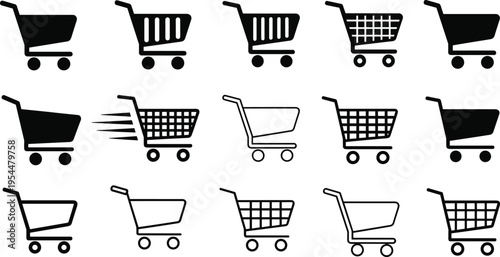Shopping cart icon collection, black and white e-commerce symbols, grocery trolley silhouettes, retail store marketing elements for web design.