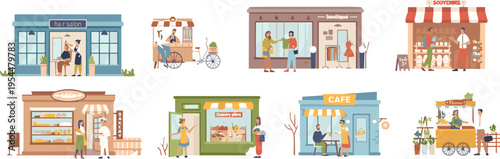 Small local business storefront vector set, shops, bakery, cafe, market stalls and street vendors illustration for urban retail, entrepreneurship and neighborhood commerce concept