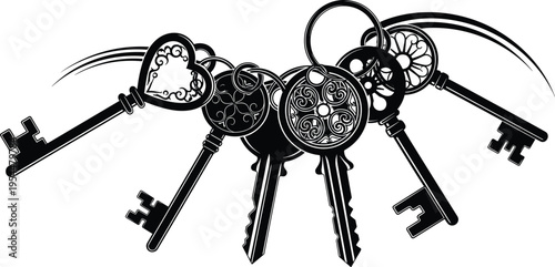 Vintage ornate skeleton keys illustration isolated on white background, antique key collection design, decorative retro locksmith concept, black silhouette artwork