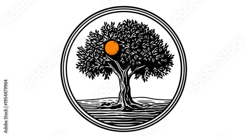 Illustration of a tree with orange fruit in a double-lined circle on white