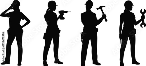 Silhouette set of female construction workers holding tools including drill hammer and wrench, representing skilled labor, engineering professions, industrial workforce, safety gear and maintenance 