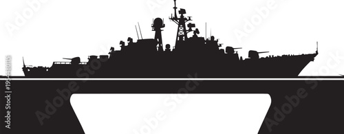Military ship silhouette vector illustration on water surface with modern naval line art