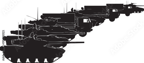 Military vehicles row silhouette including tanks and trucks vector illustration convoy art