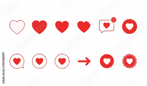 Modern love heart icons vector set for social media reactions apps and web interface isolated on white