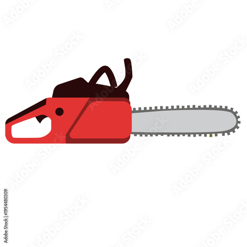 Red chainsaw icon for logging work, labor day, cutting tools, skilled trades, professional equipment, forestry, tree cutting, and worker craftsmanship.