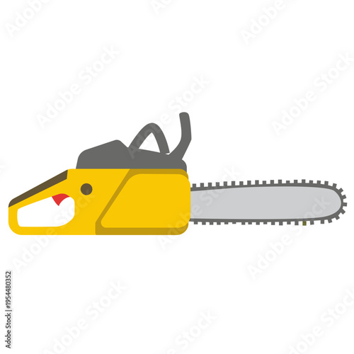 Yellow chainsaw icon for logging work, labor day, cutting tools, skilled trades, professional equipment, forestry, tree cutting, and worker craftsmanship.
