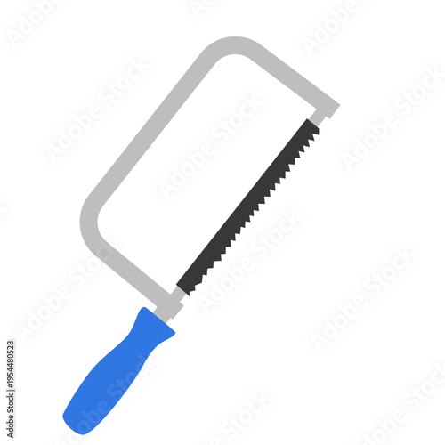 Blue hacksaw icon for metal cutting, labor day, construction tools, skilled trades, professional equipment, industrial work, repair projects, and technical craftsmanship.
