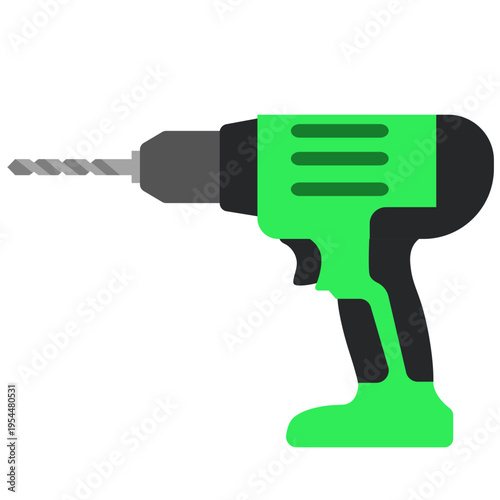 Green power drill icon for construction work, labor day, drilling tools, skilled trades, professional equipment, building projects, worker craftsmanship, and mechanical work.