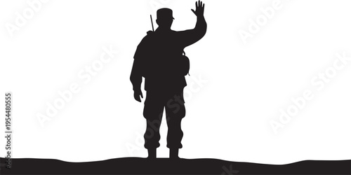 Soldier waving goodbye on horizon silhouette vector illustration military service departure