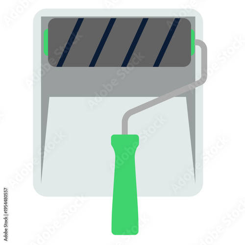 Green paint tray with roller for painting work, labor day, construction tools, home improvement, skilled trades, professional equipment, renovation projects, and decorative work.