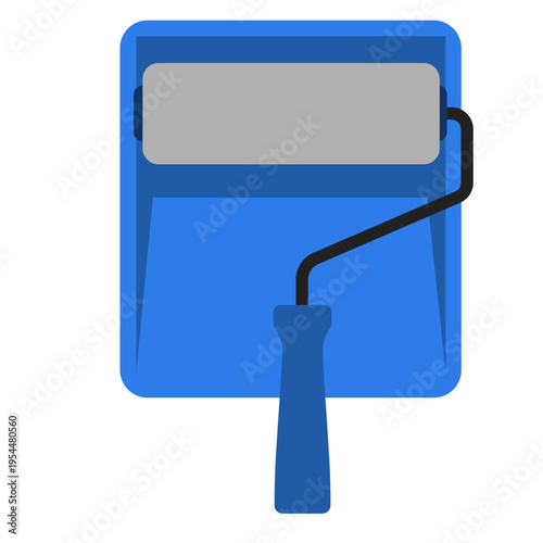Blue paint tray with roller for painting work, labor day, construction tools, home improvement, skilled trades, professional equipment, renovation, and decorative craftsmanship.