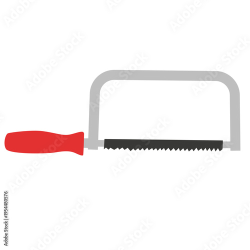 Red hacksaw icon for metal cutting, labor day, construction tools, skilled trades, professional equipment, industrial work, repair projects, and technical craftsmanship.