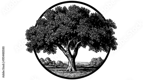 Black and white etched illustration of a tree in a circle with a landscape scene
