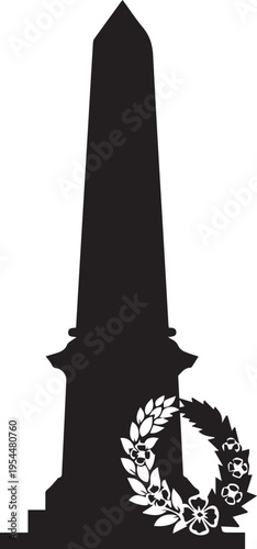 Tall obelisk memorial with flower wreath silhouette vector illustration landmark monument