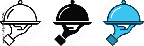 Vector Icons Set of Waiter Holding a Dish Cover for Restaurant, Service, and Hospitality Designs