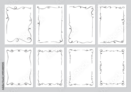 Romantic hand drawn ribbon frame set on white card. Whimsical wavy border as vintage wedding invite and cute love menu. Minimal doodle sketch with black line bow and decorative outline for social