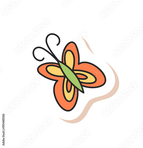 Cute butterfly icon with outdoor and nature concept in bright colorfull doodle style. Summer adventure and camp themes blend with playful color for a fun label element.