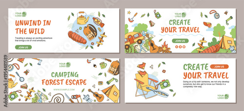 Colorful camping adventure set doodle banner in hand drawn style. Campfire, tent and equipment with trip theme as background for travel camp set, colorful and adventure design, doodle collection.