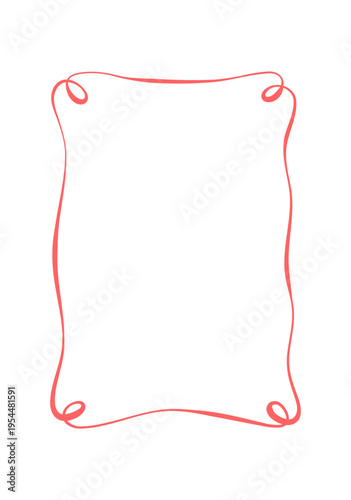 Cute red ribbon frame with hand drawn curly border. Romantic whimsical wedding card layout as vertical rectangle. Decorative minimal outline for invite or valentine menu, simple love decoration on