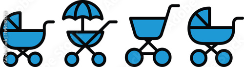 Vector Icons Set of Baby Strollers with Different Designs for Parenting, Infant, and Family Care